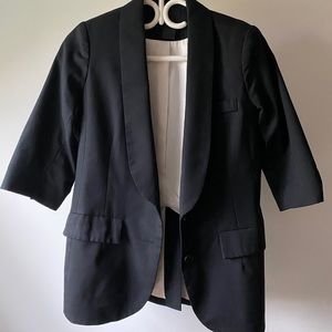 Smythe black cotton 3/4 sleeve blazer with tuxedo collar + ruched button sleeves
